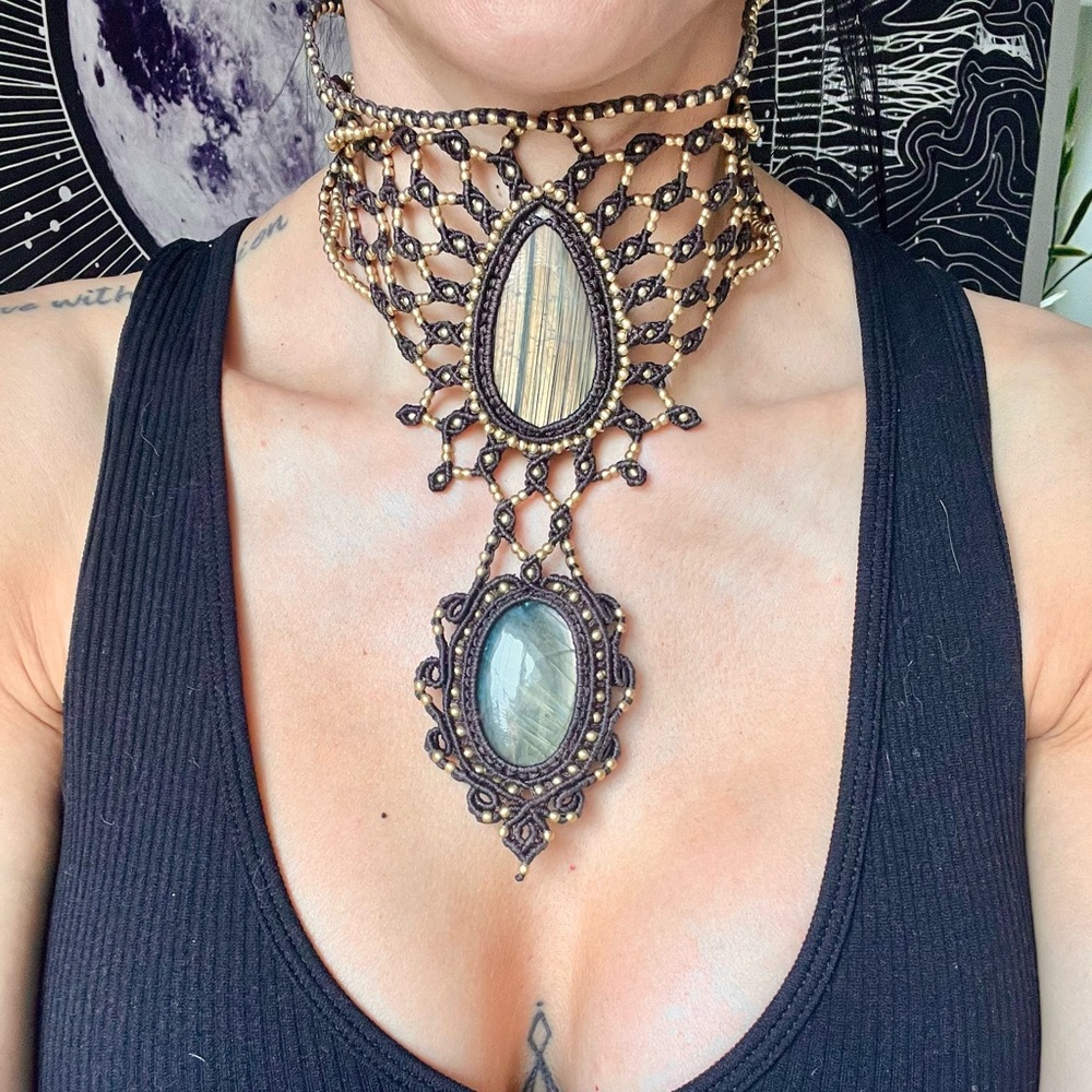 OMG! STUNNING GODDESS Hemp + Flash Labradorite Statement Necklace OOAK - Picture 3 of 6